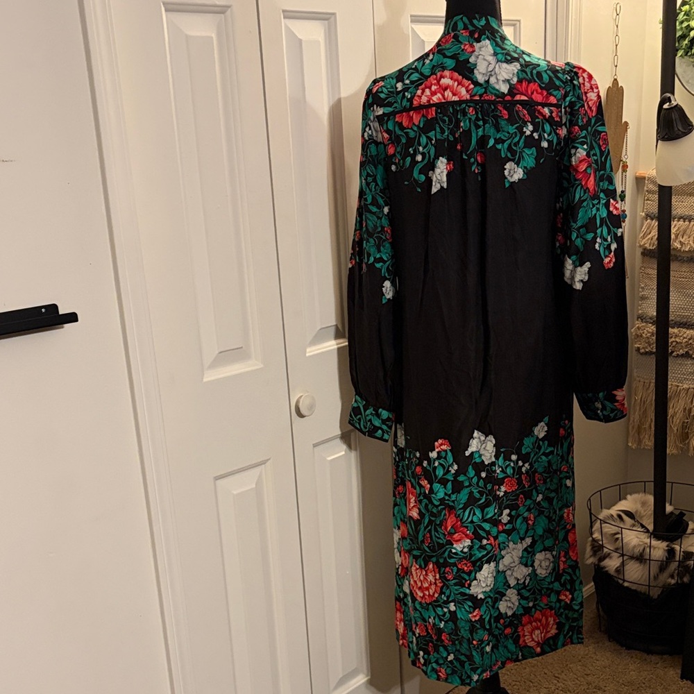 Anthropologie Black Midi Dress with Red and Green Floral Design - Picture 2 of 8